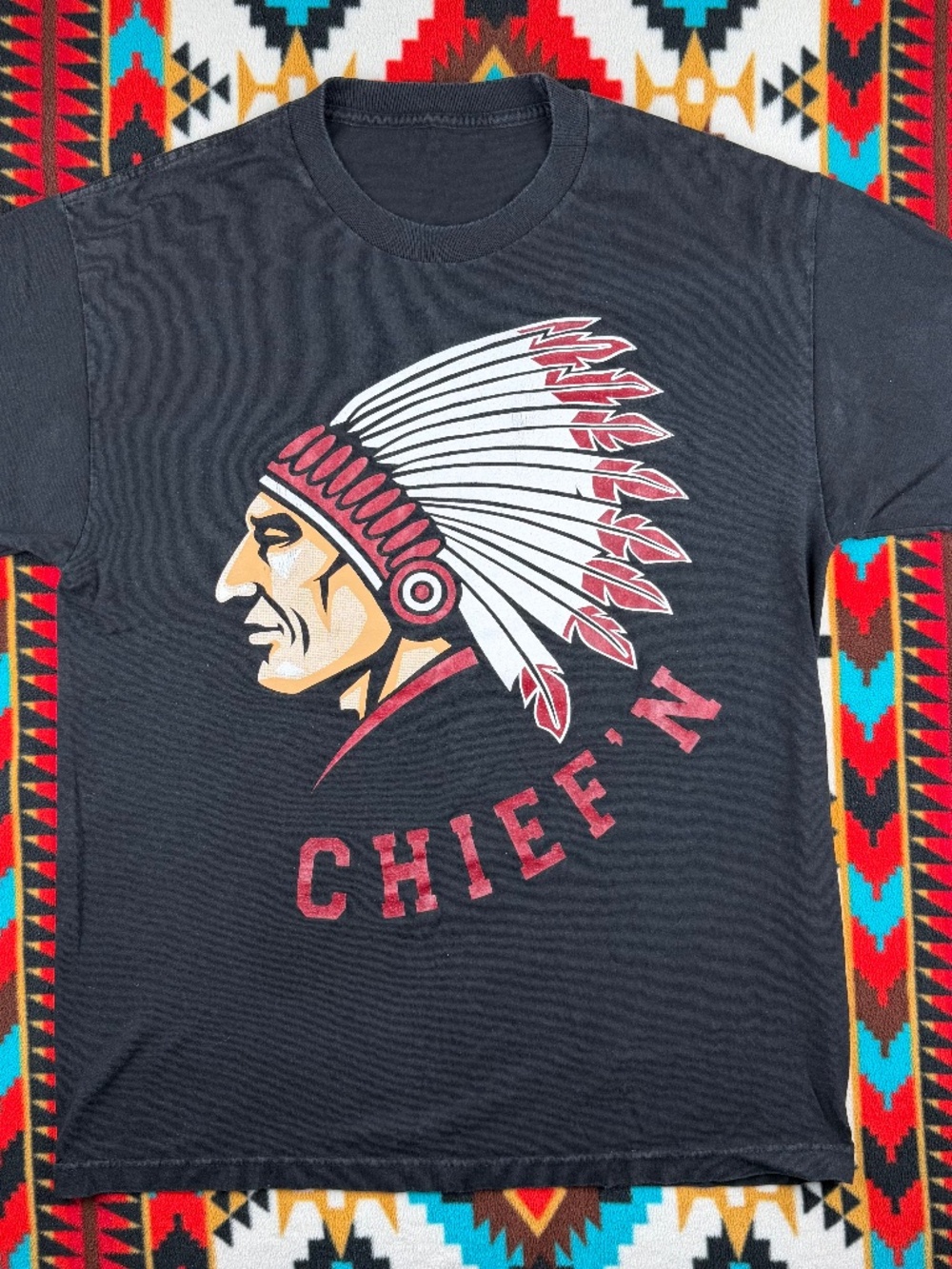 Vintage Chief Native American Graphic T Shirt Black Headdress Logo Tee Large